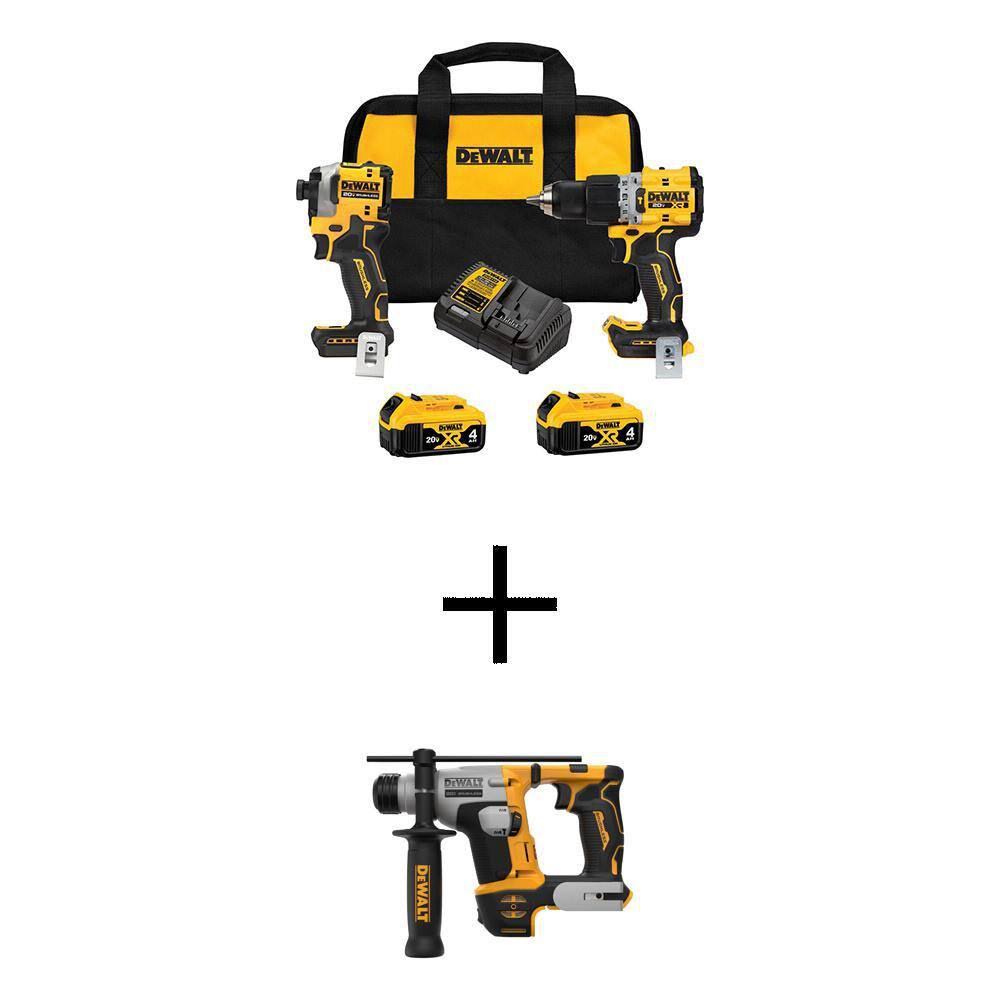DeWalt 20V Max XR Hammer Drill and Atomic Impact Driver 2 Tool Cordless Combo Kit and SDS Plus Hammer Drill w/(2) 4Ah Batteries
