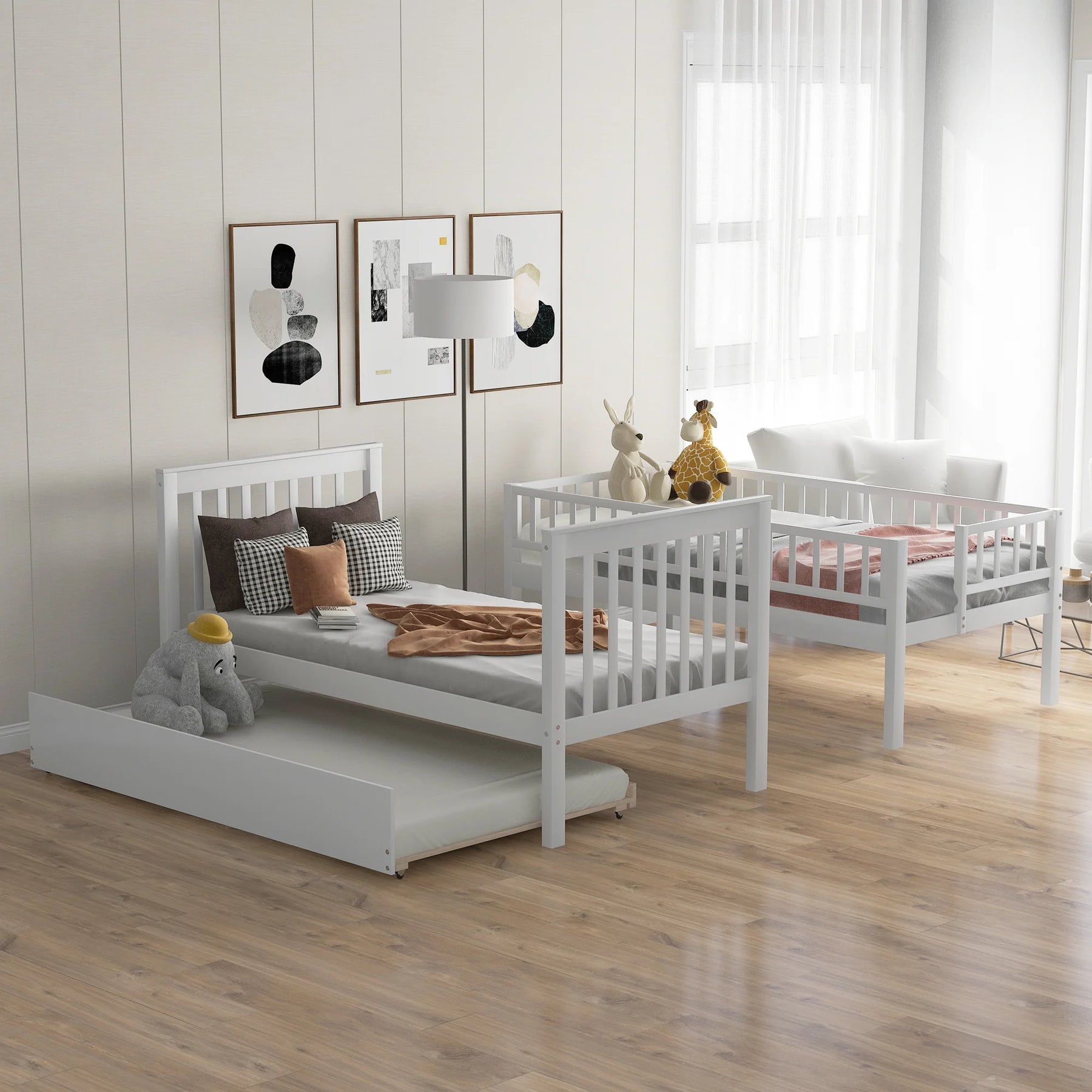 AECOJOY Twin Over Twin Bunk Bed with Trundle and Storage, Solid Pine Wood White