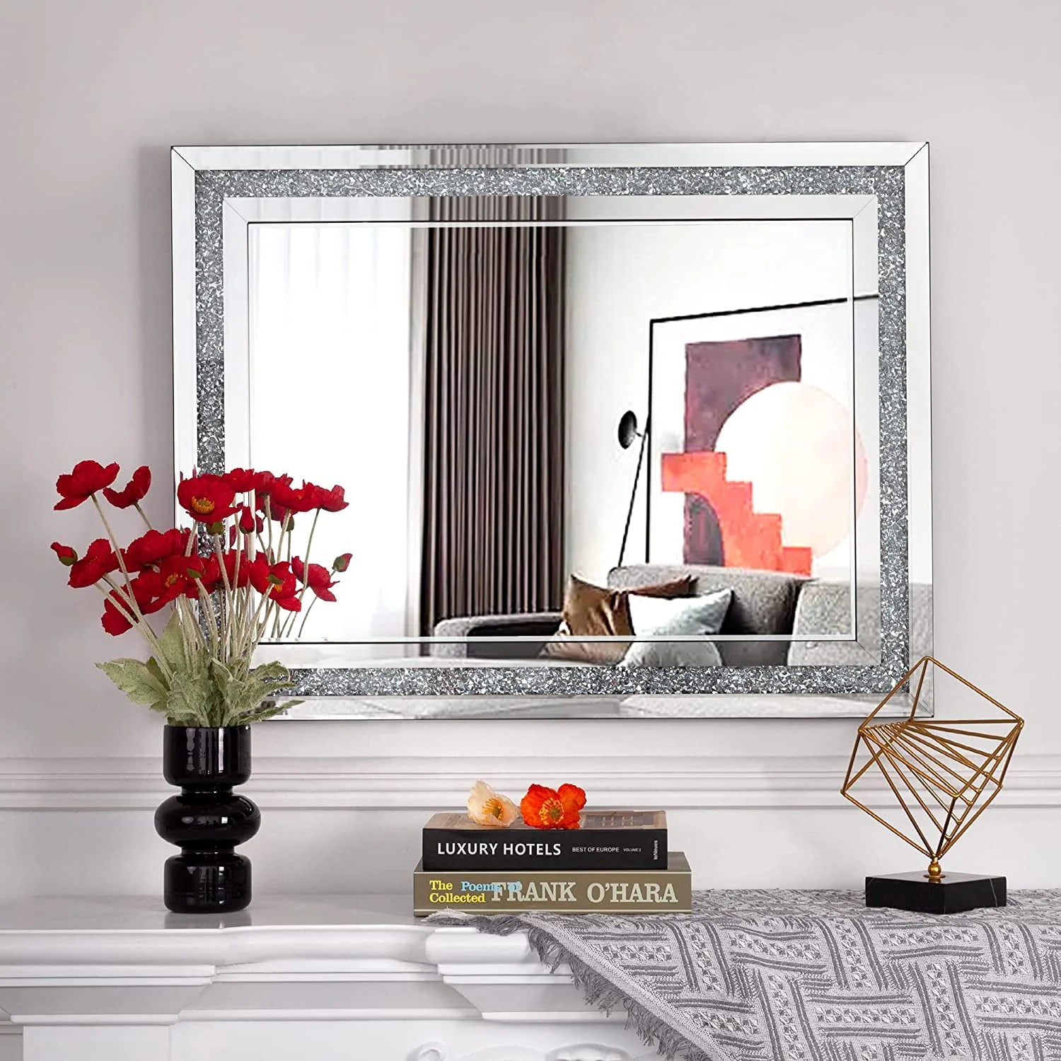 SHYFOY Rectangle Decorative Wall Mirror Crushed Diamond Vanity Mirror Wall Mounted Makeup Mirror for Home Decor