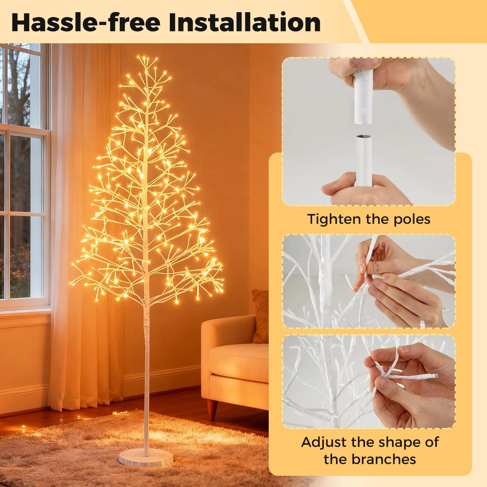 Tangkula Christmas Outdoor Lighted Birch Tree Pre-lit Decor with Warm White Light LED Lights