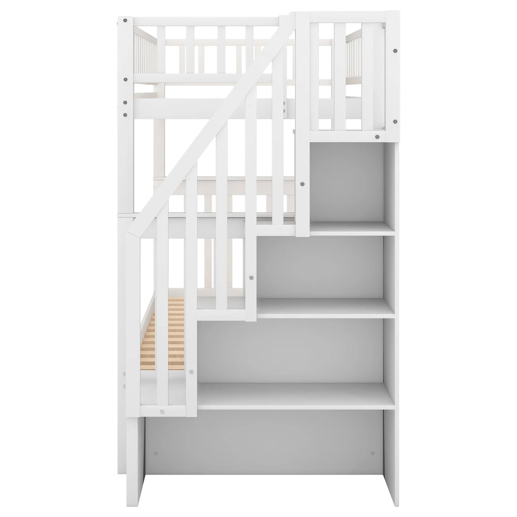 AECOJOY Twin Over Twin Bunk Bed with Trundle and Storage, Solid Pine Wood White