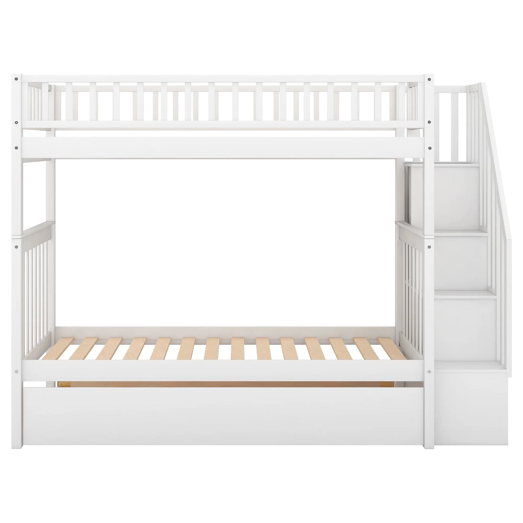 AECOJOY Twin Over Twin Bunk Bed with Trundle and Storage, Solid Pine Wood White