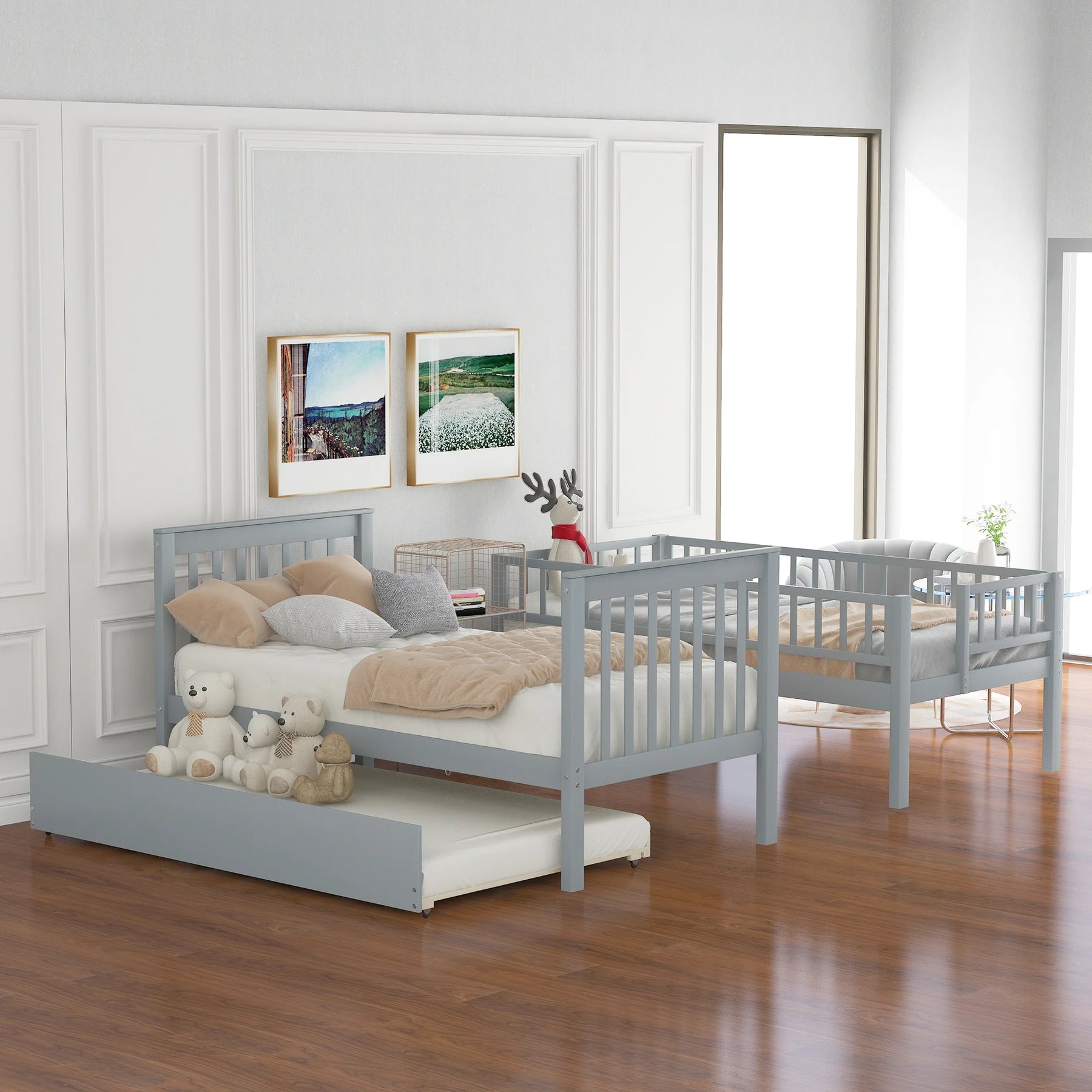 AECOJOY Twin Over Twin Bunk Bed with Trundle and Storage, Solid Pine Wood White