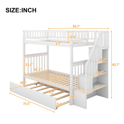 AECOJOY Twin Over Twin Bunk Bed with Trundle and Storage, Solid Pine Wood White