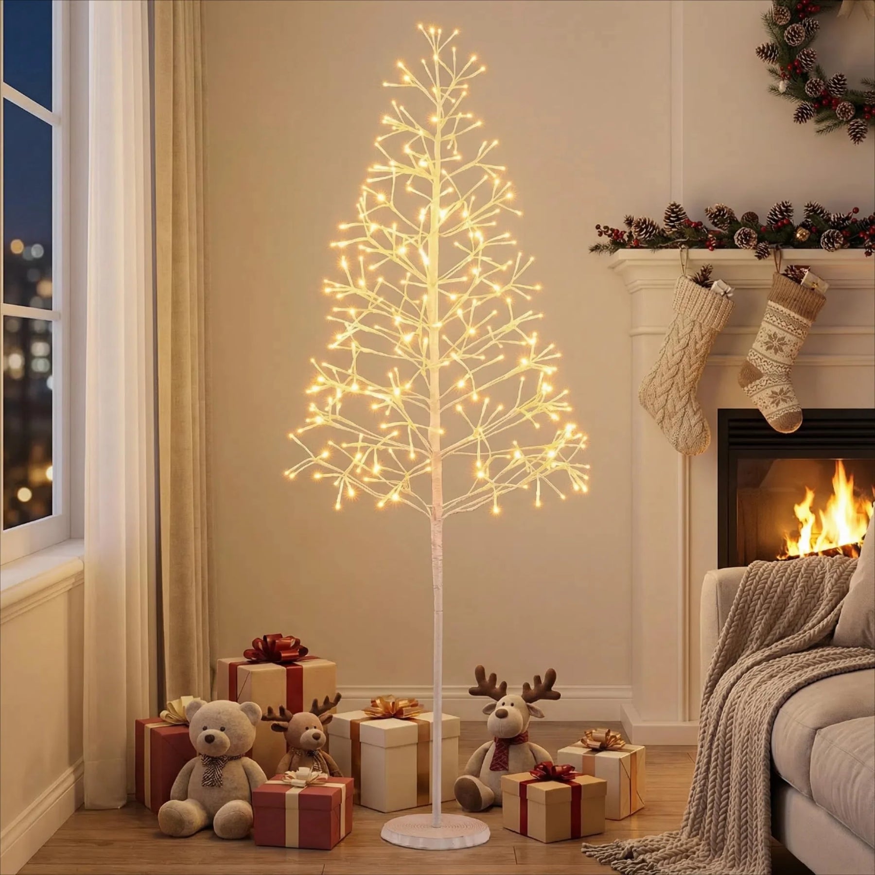 Tangkula Christmas Outdoor Lighted Birch Tree Pre-lit Decor with Warm White Light LED Lights