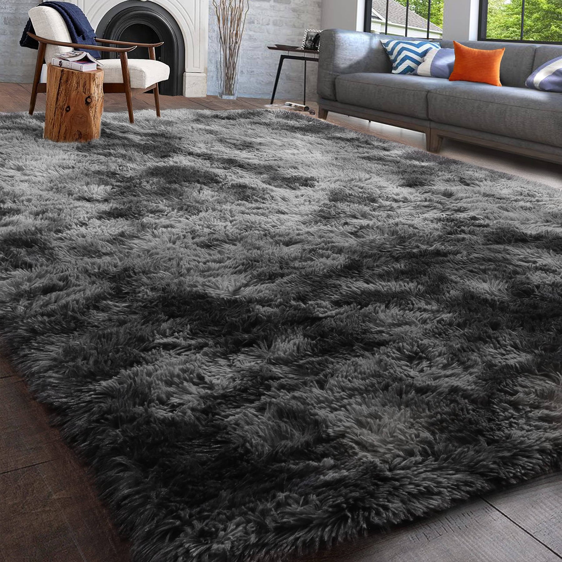 PAGISOFE Abstract Shaggy Area Rug, 4x6, Plush Furry Rugs for Living Room, Tie-Dyed Grey Soft Fluffy Rugs for Bedroom, Fuzzy Rugs for Nursery, Dorm