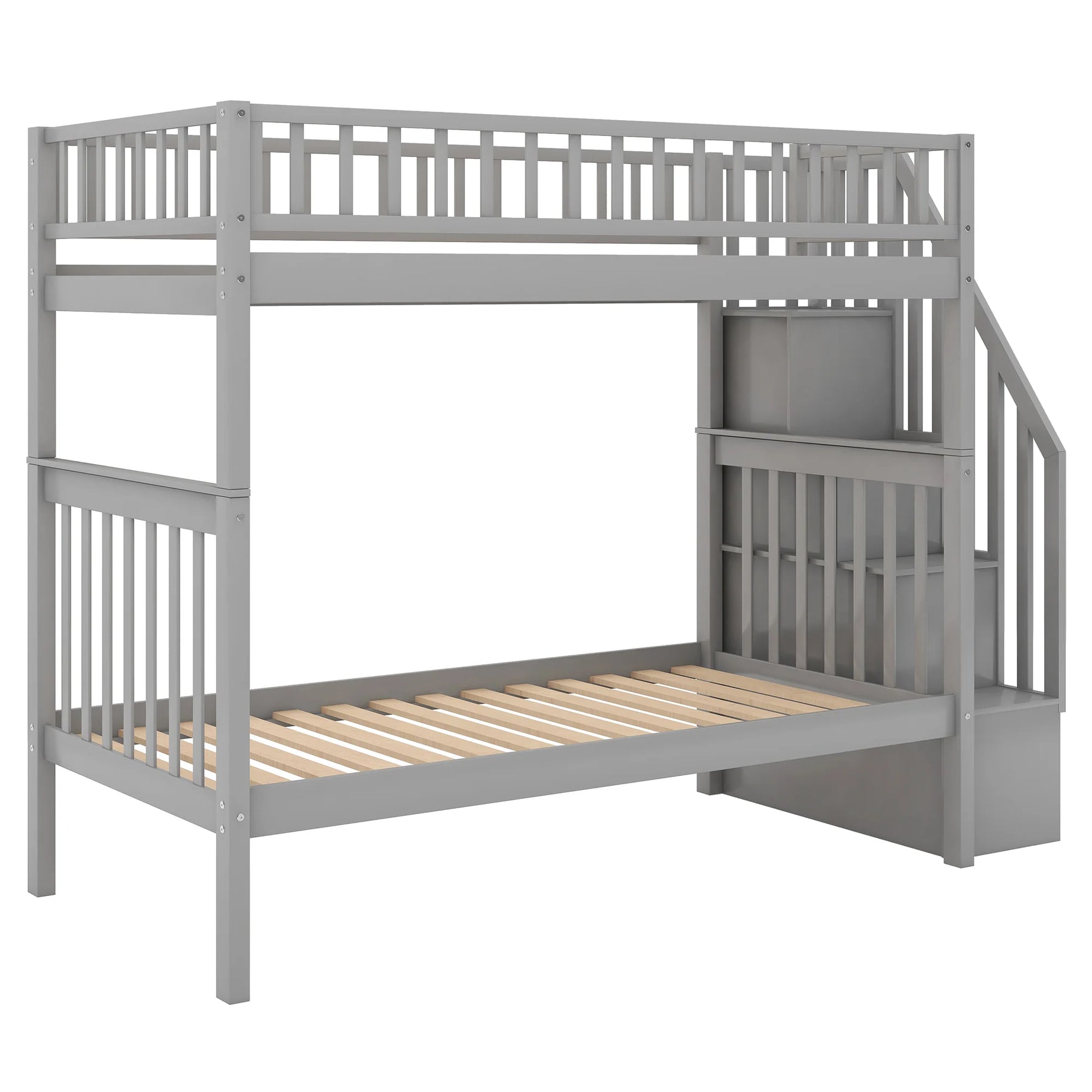 AECOJOY Twin Over Twin Bunk Bed with Trundle and Storage, Solid Pine Wood White