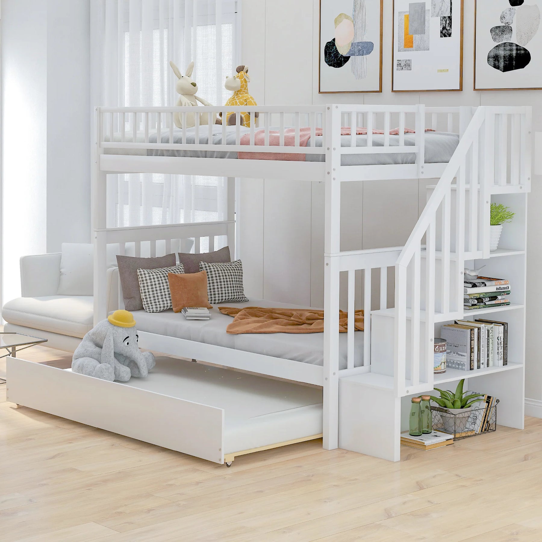 AECOJOY Twin Over Twin Bunk Bed with Trundle and Storage, Solid Pine Wood White