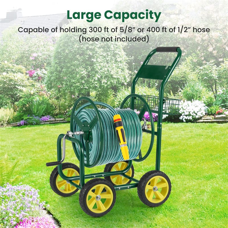 Heavy Duty Metal Garden Hose Reel Cart Holds 300FT of 5/8" Hose with 4 Wheels & Storage Basket, Portable Water Hose Organizer for Yard Lawn